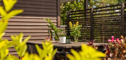 Outdoor patio with wooden table, chairs, and vibrant plants in summer.