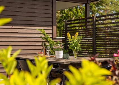 Outdoor patio with wooden table, chairs, and vibrant plants in summer.